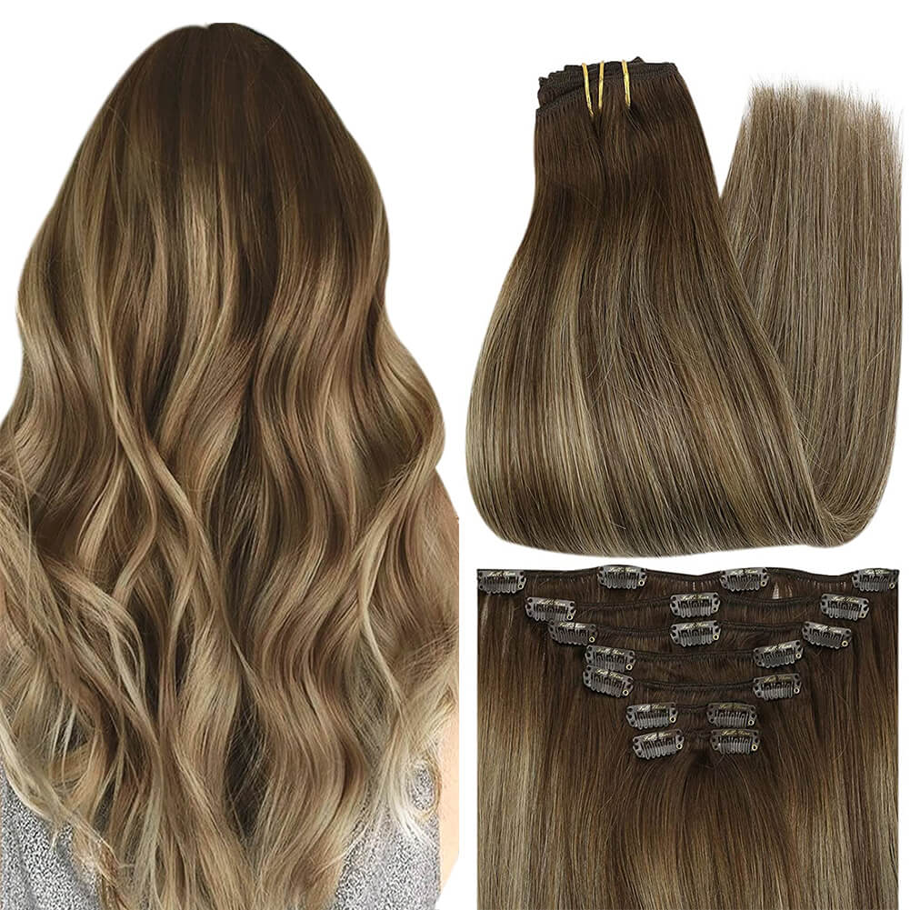 100% Remy Human Hair Balayage Medium Brown Honey Blonde（#4 24 4 ）